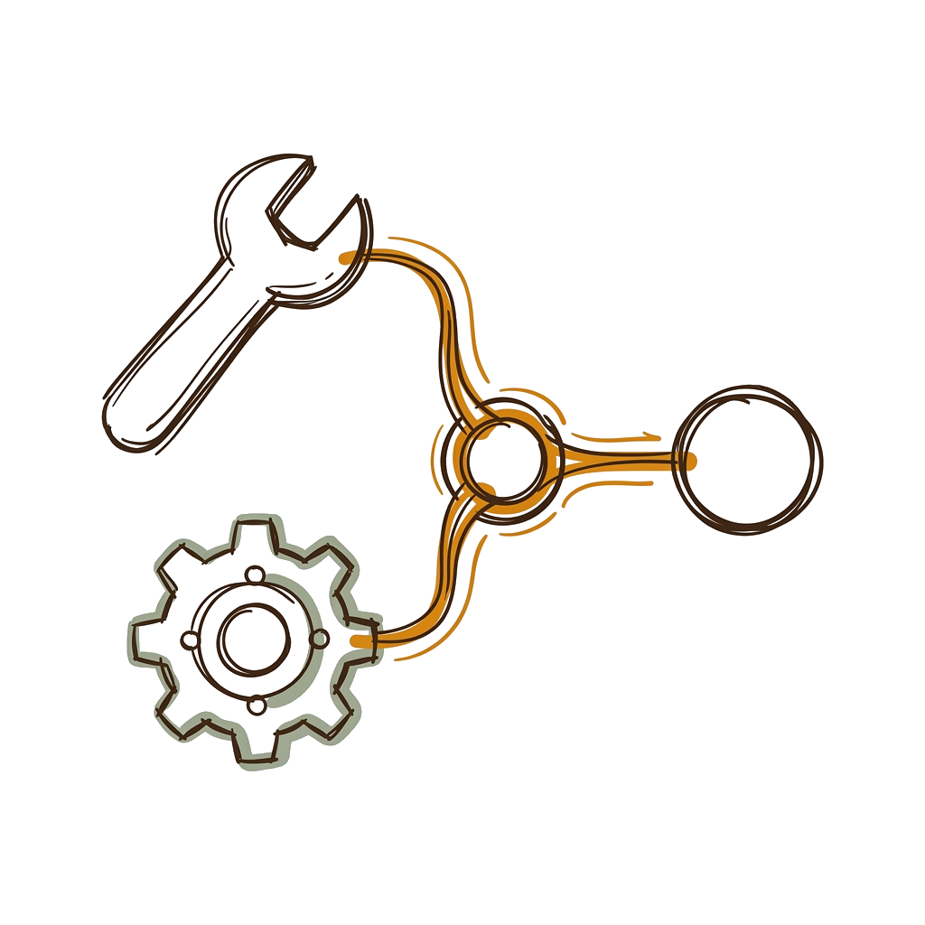 Hand-drawn tools connecting through flowing lines to a central source